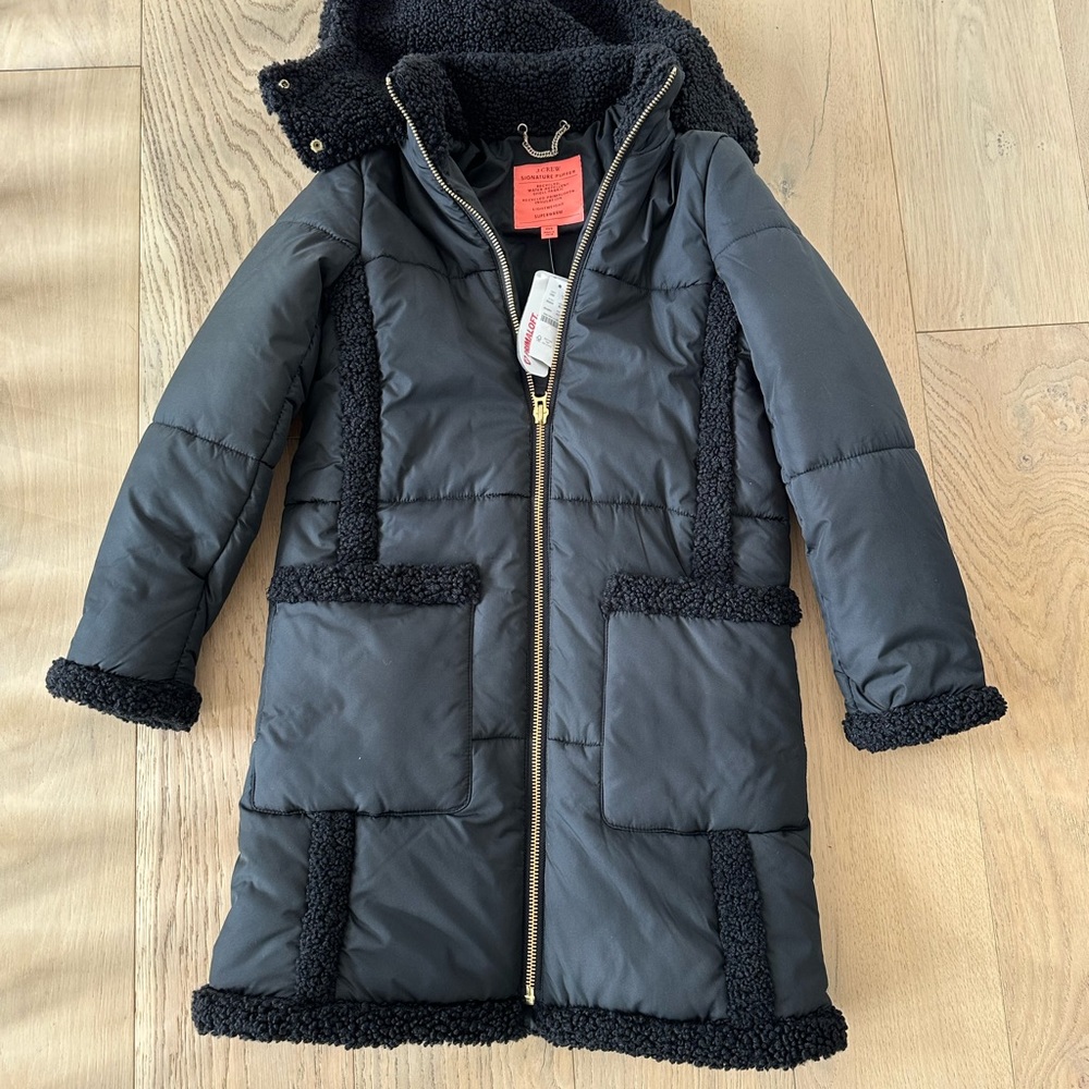 JCrew Womens Black Snowday Signature Puffer Coat with Sherpa Trim.